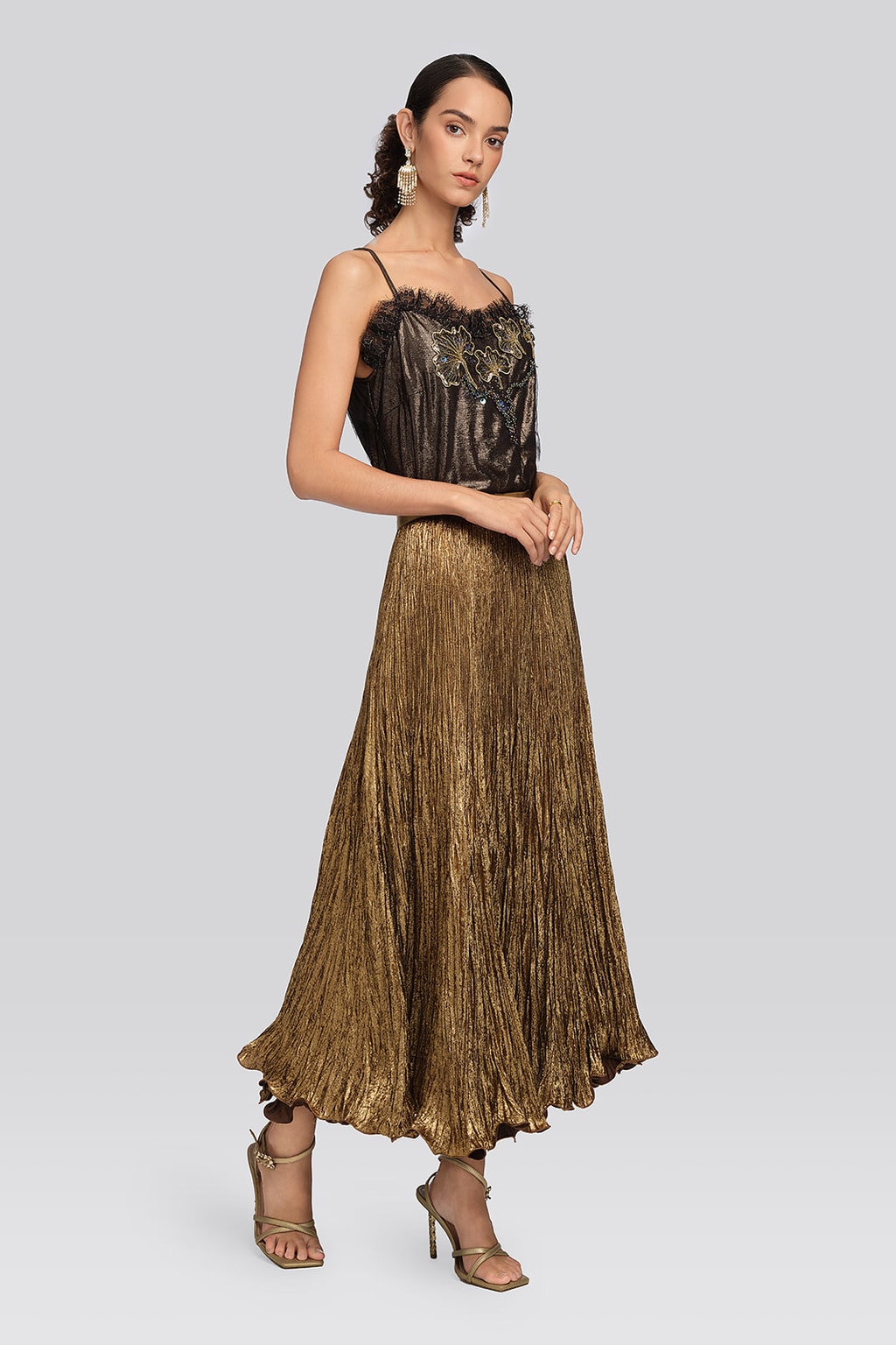 Sequin Pleated Mermaid Skirt in Gold - 3
