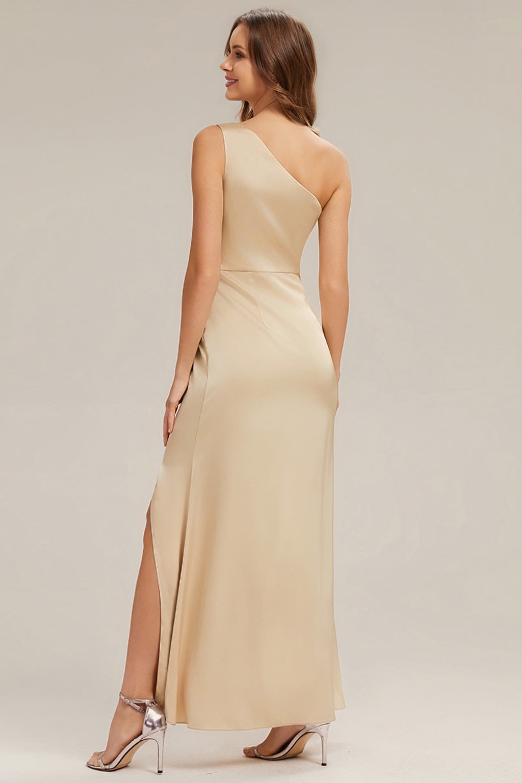 Satin One-Shoulder Slit Bridesmaid Dress - 9