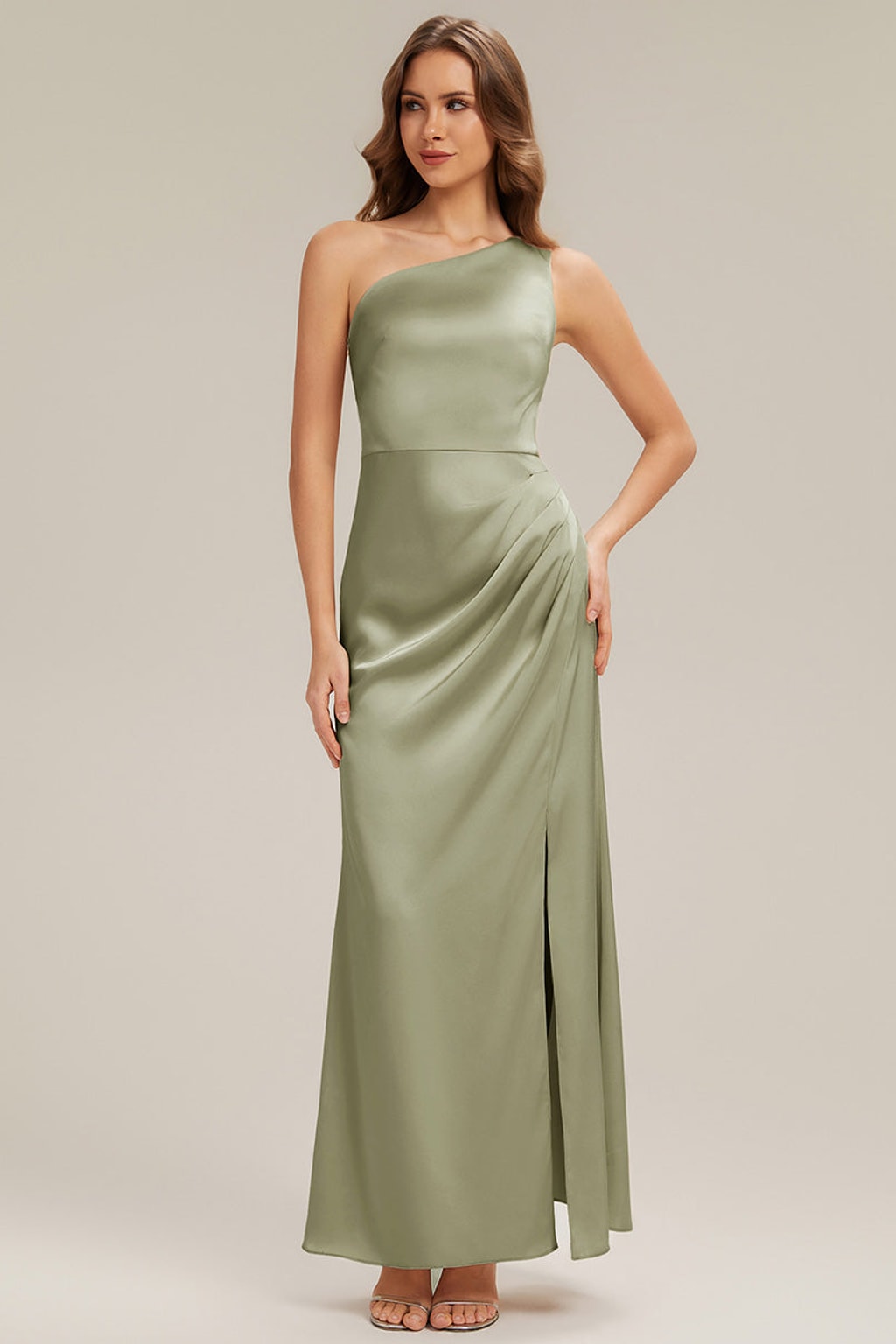 Satin One-Shoulder Slit Bridesmaid Dress - 2