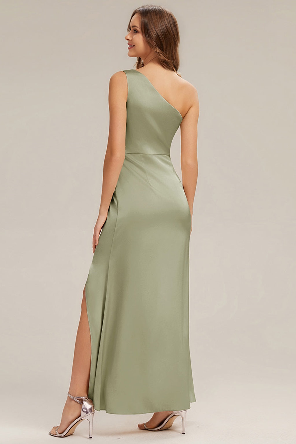Satin One-Shoulder Slit Bridesmaid Dress - 3
