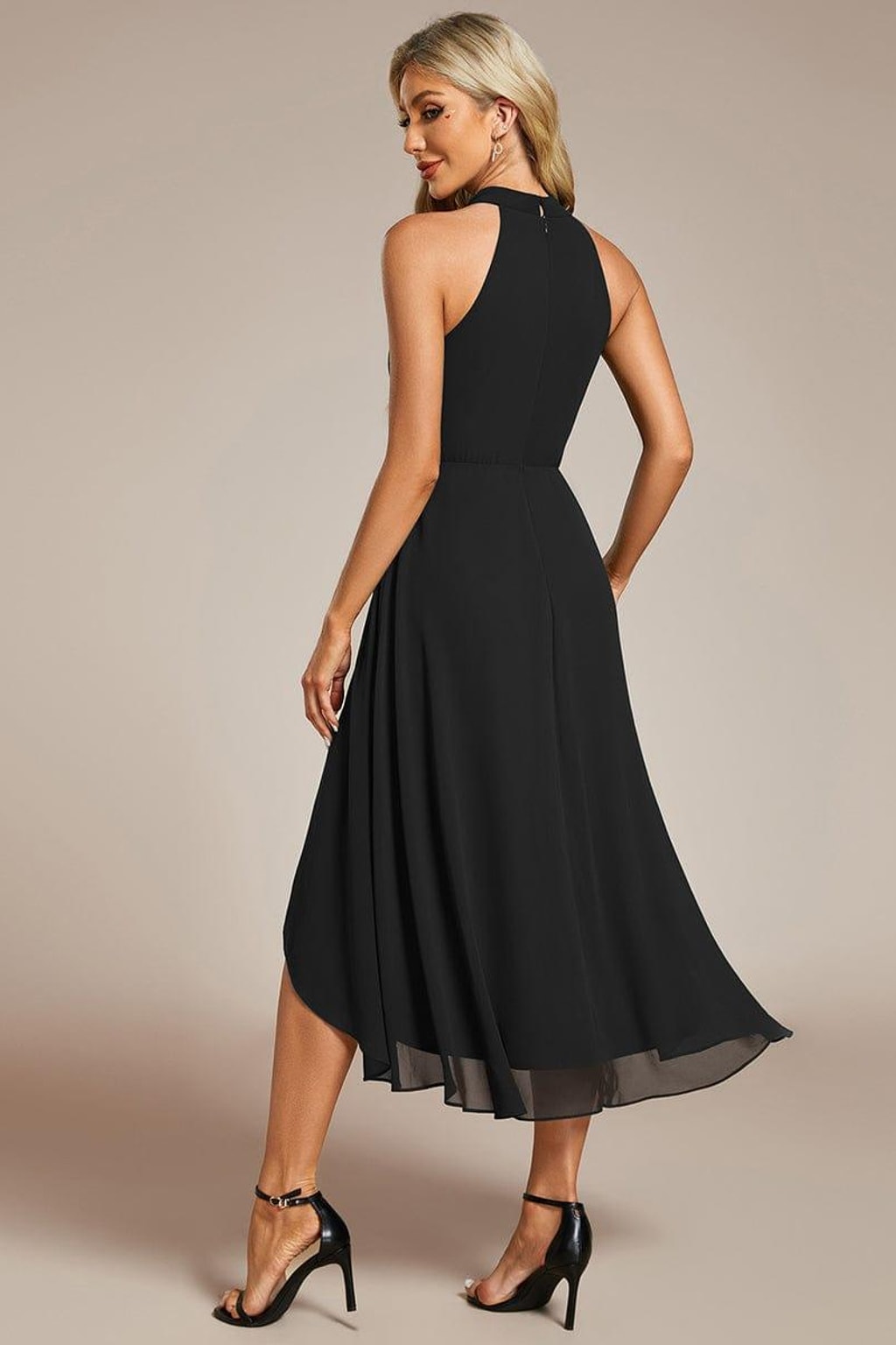 Chiffon Halter Neck Midi Dress With Pleated A-Line Skirt - 5