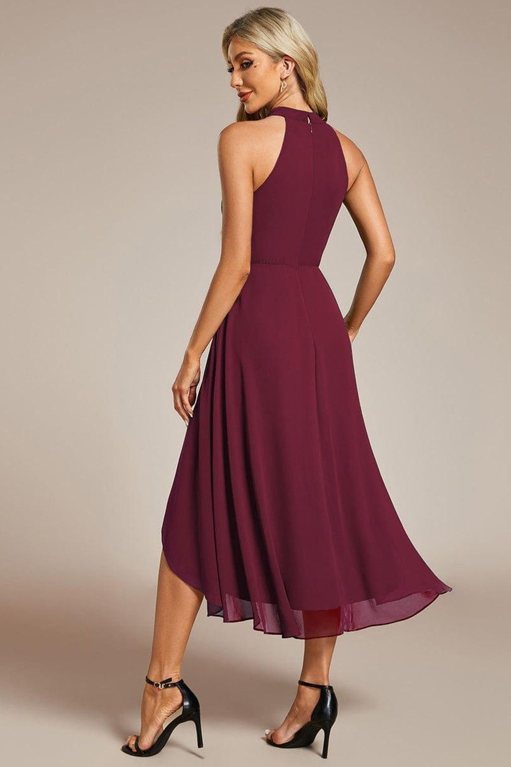 Chiffon Halter Neck Midi Dress With Pleated A-Line Skirt - 18