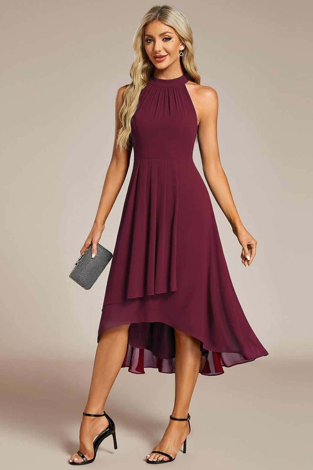 Chiffon Halter Neck Midi Dress With Pleated A-Line Skirt - 17