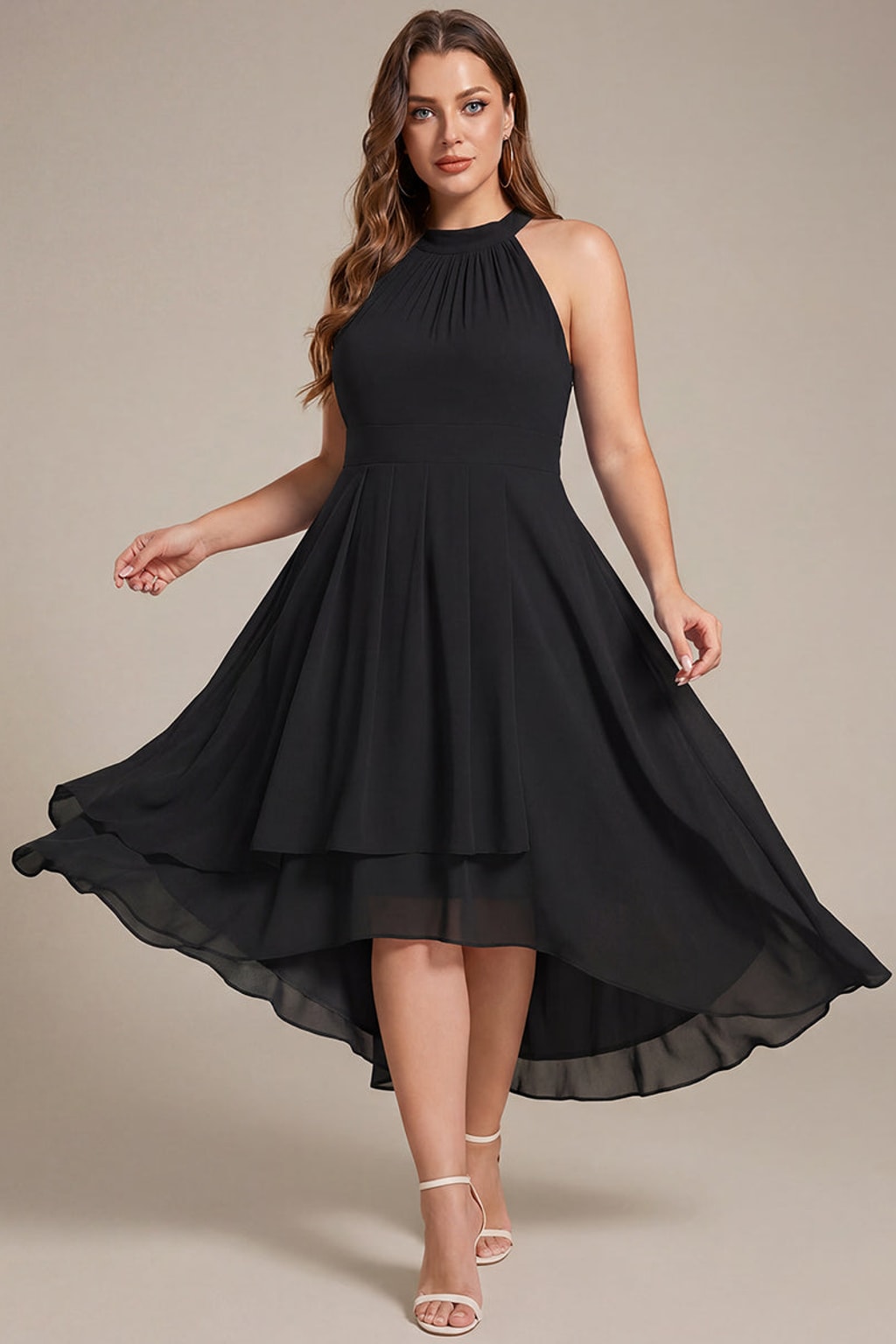 Chiffon Halter Neck Midi Dress With Pleated A-Line Skirt - 6