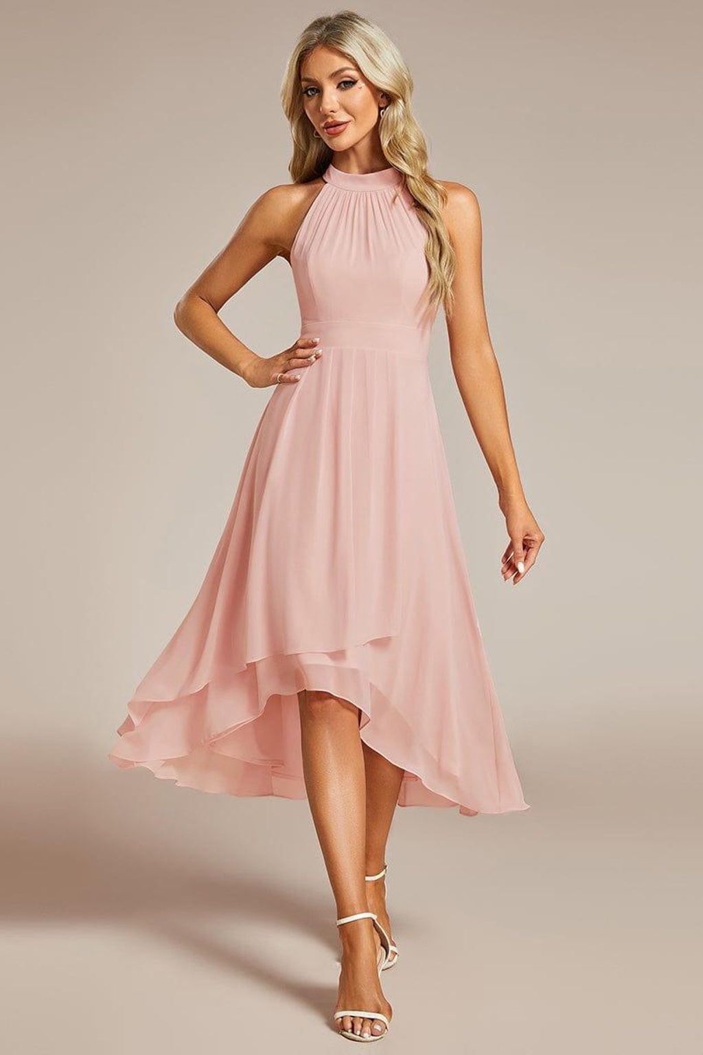 Chiffon Halter Neck Midi Dress With Pleated A-Line Skirt - 20