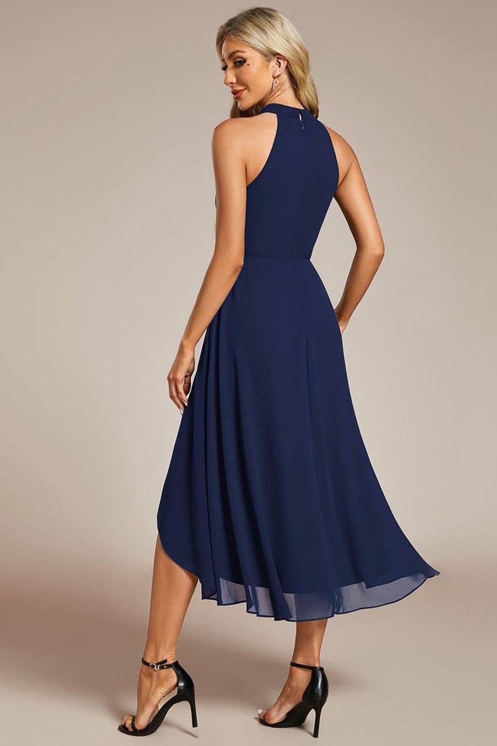 Chiffon Halter Neck Midi Dress With Pleated A-Line Skirt - 15