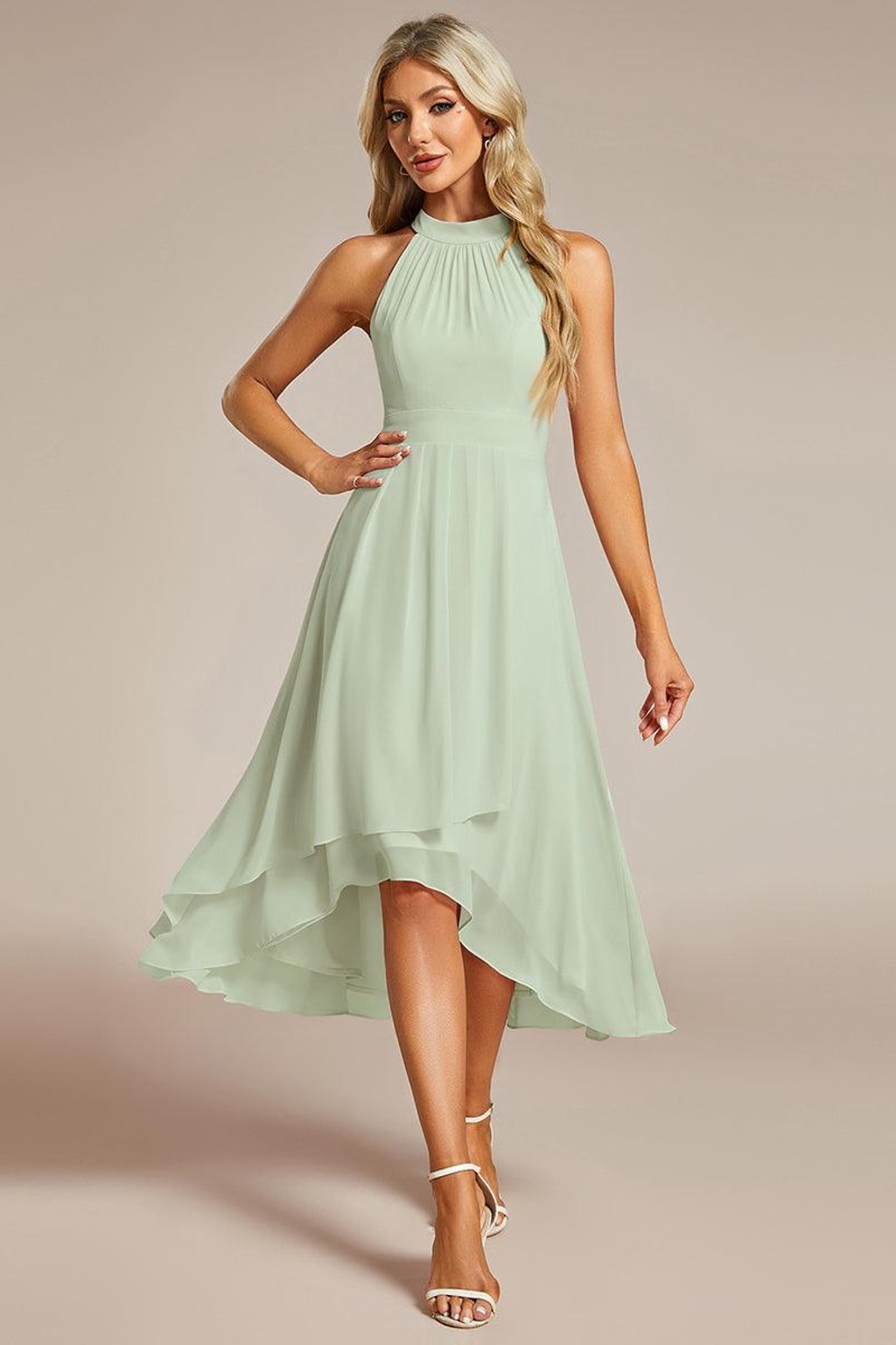 Chiffon Halter Neck Midi Dress With Pleated A-Line Skirt - 21