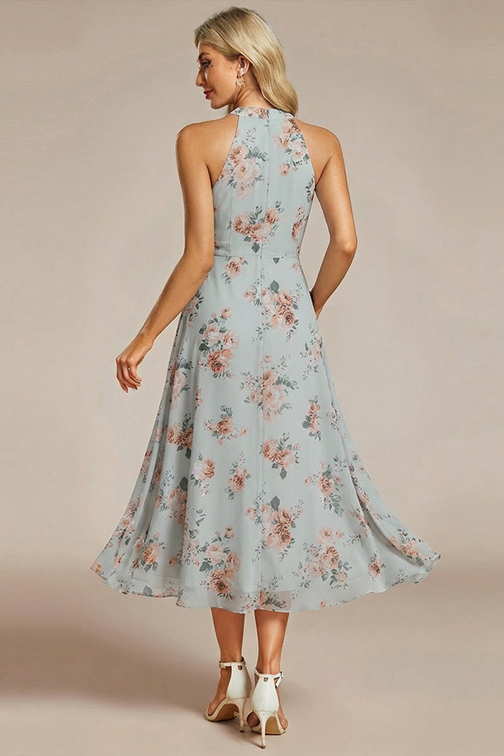 Chiffon Halter Neck Midi Dress With Pleated A-Line Skirt - 12