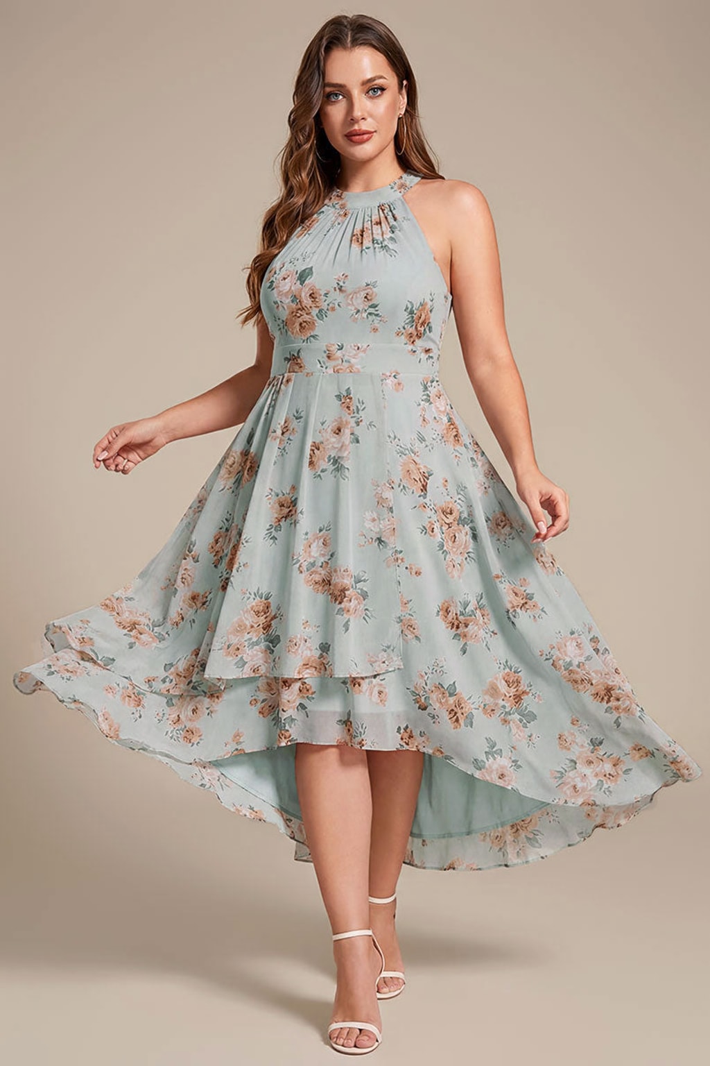 Chiffon Halter Neck Midi Dress With Pleated A-Line Skirt - 13