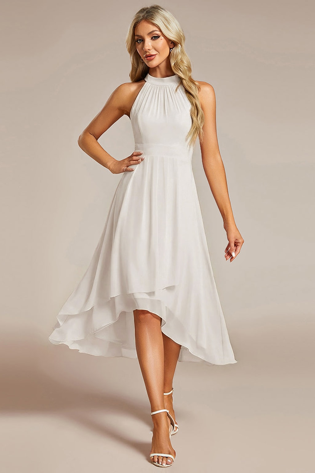 Chiffon Halter Neck Midi Dress With Pleated A-Line Skirt - 22
