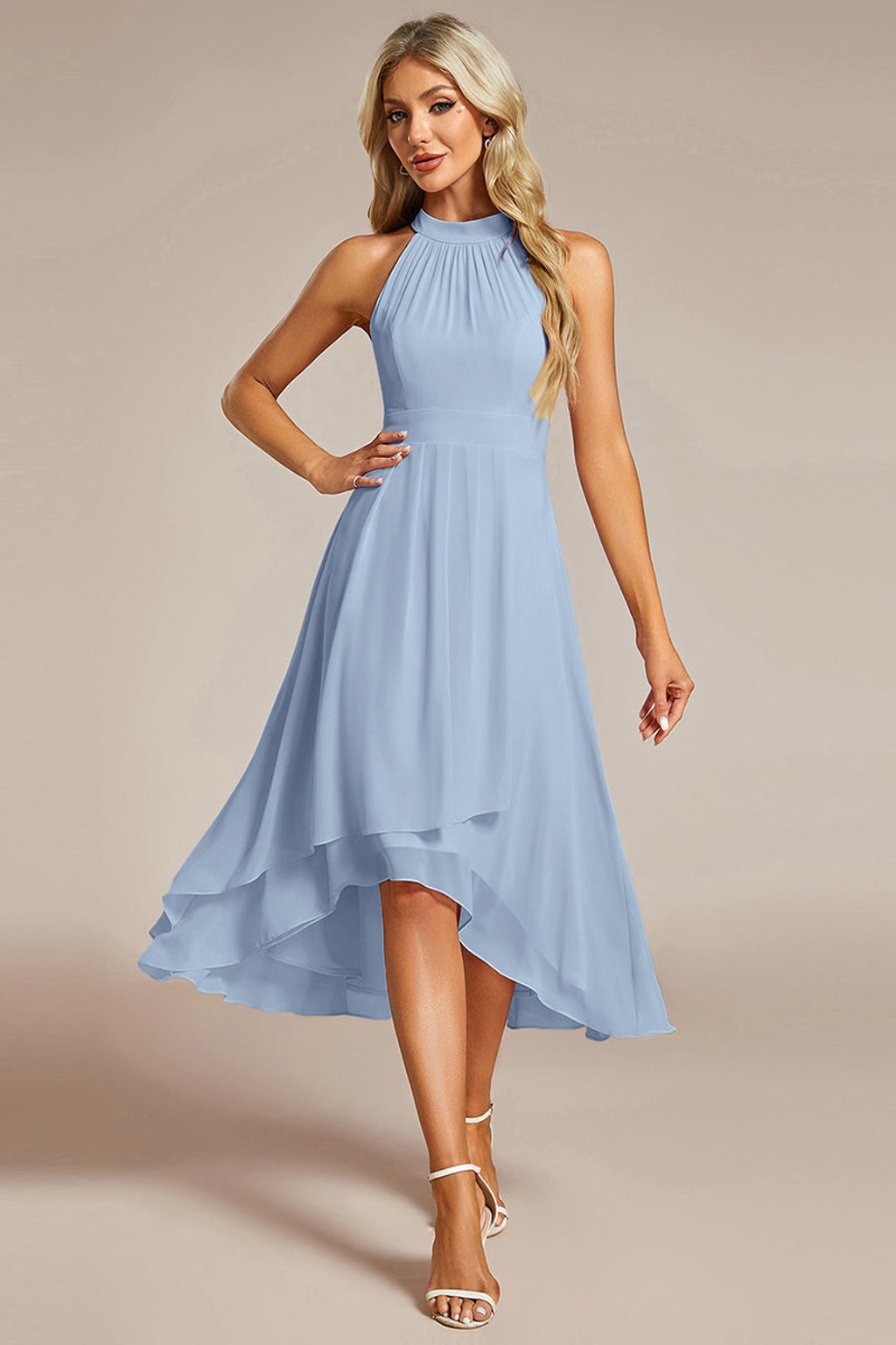 Chiffon Halter Neck Midi Dress With Pleated A-Line Skirt - 24