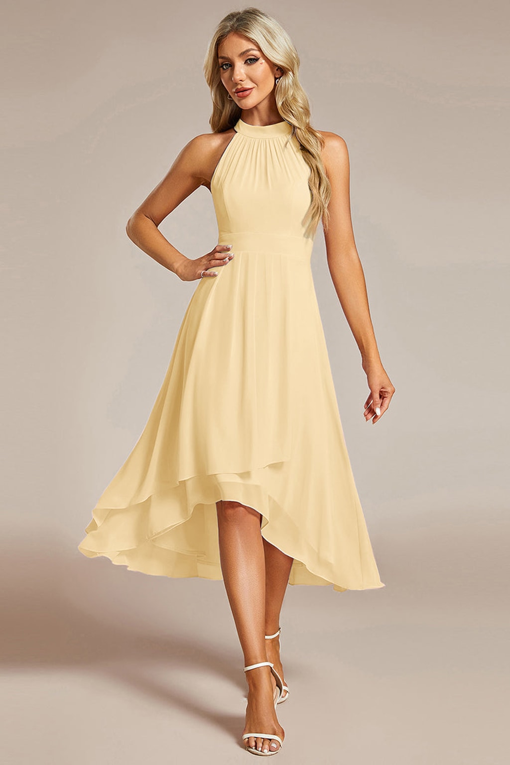 Chiffon Halter Neck Midi Dress With Pleated A-Line Skirt - 23