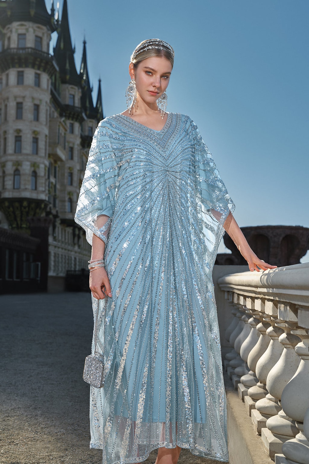 Sky Blue Beaded V-Neck Maxi Dress - 2