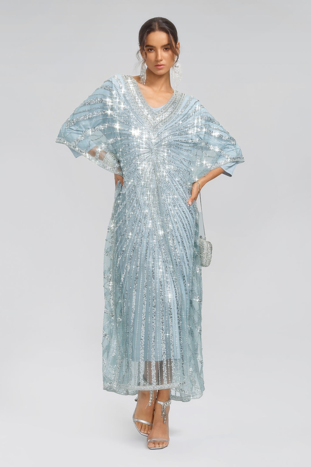 Sky Blue Beaded V-Neck Maxi Dress - 5