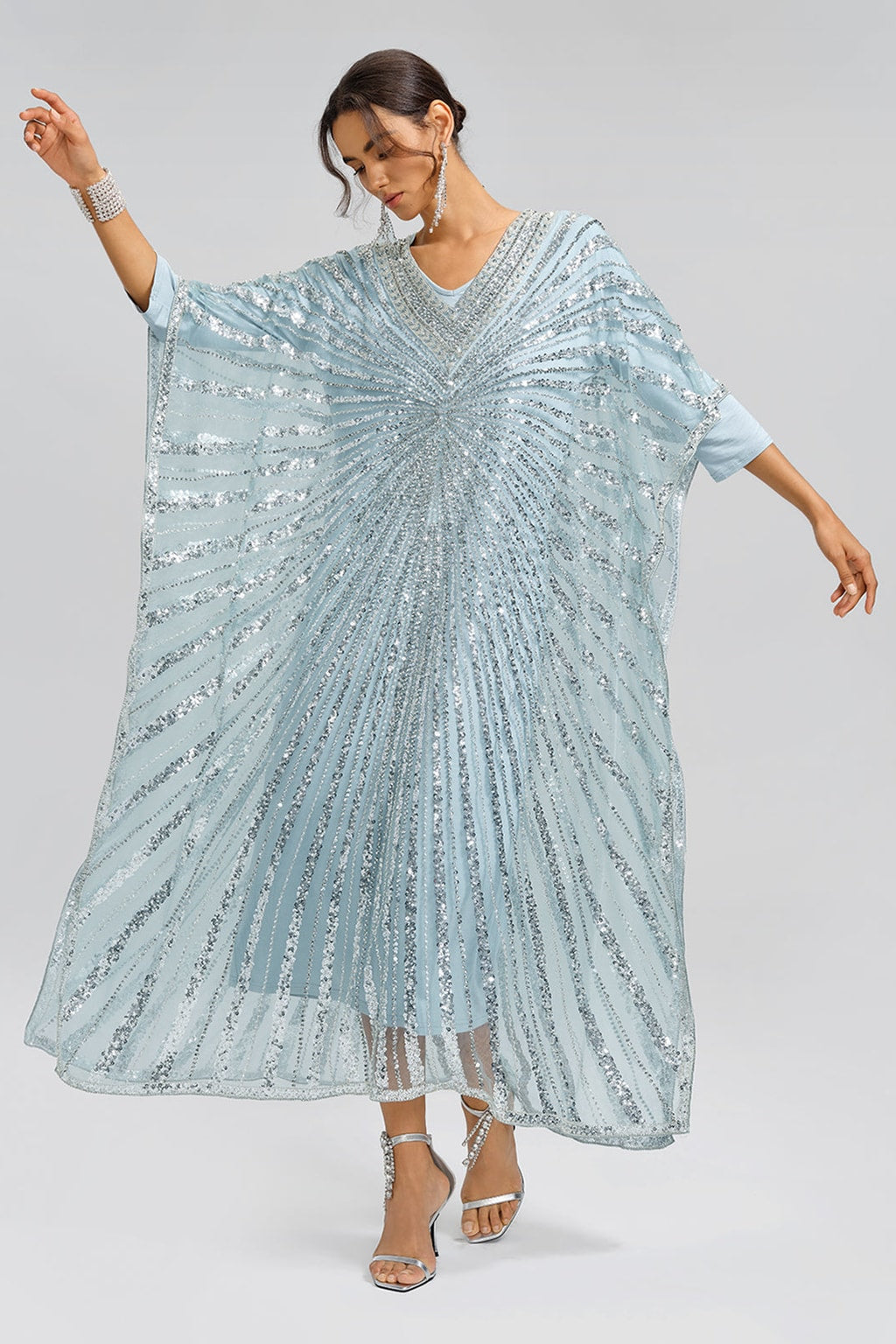 Sky Blue Beaded V-Neck Maxi Dress - 10