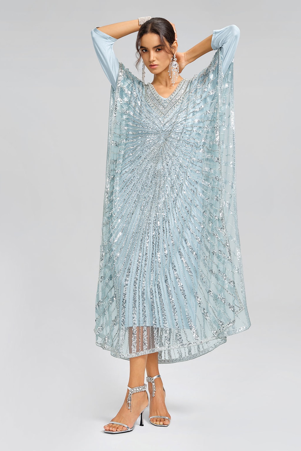 Sky Blue Beaded V-Neck Maxi Dress - 6