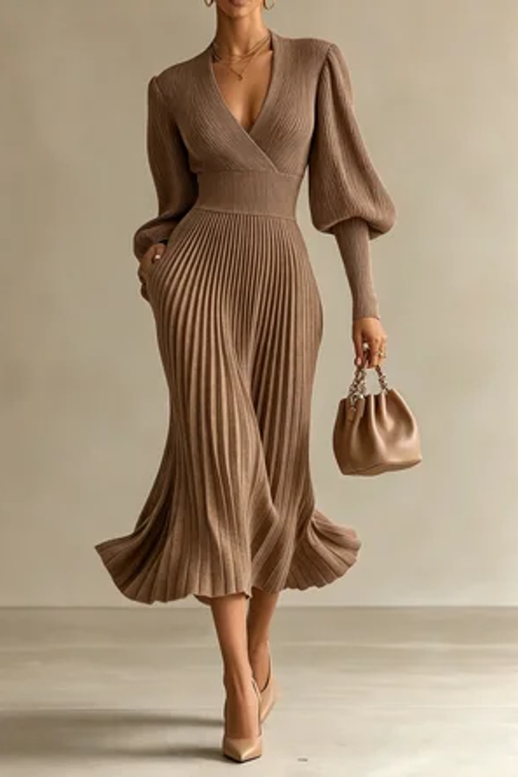Balloon Sleeve V-Neck Midi Dress - 4
