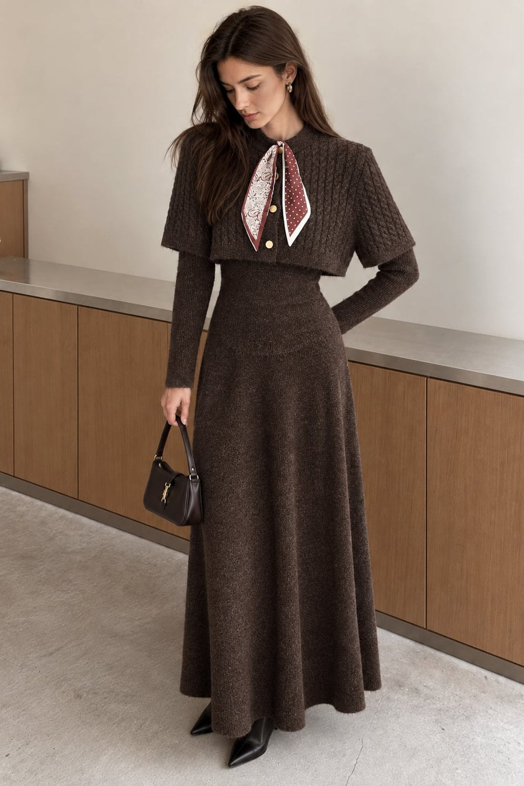 Knit Three-Piece Set With Scarf Collar - 2