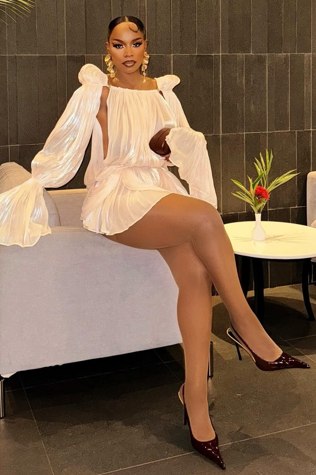 Ivory Pleated Chiffon Mini Dress With Balloon Sleeves - 6