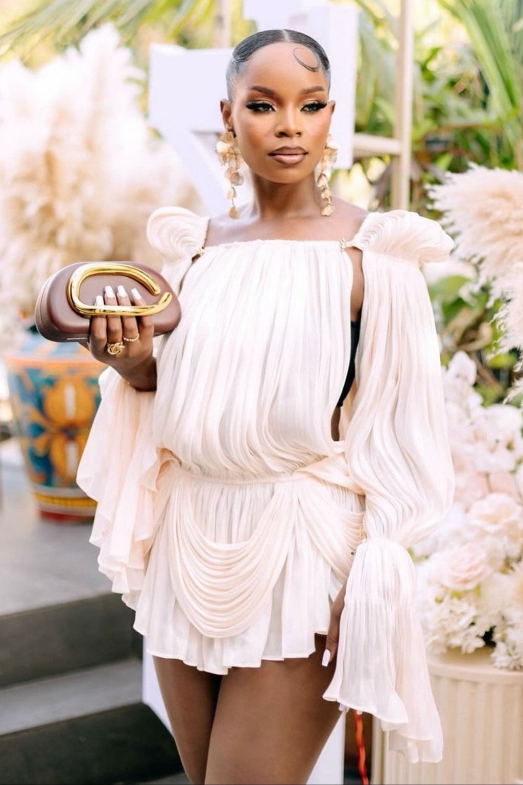 Ivory Pleated Chiffon Mini Dress With Balloon Sleeves - 7