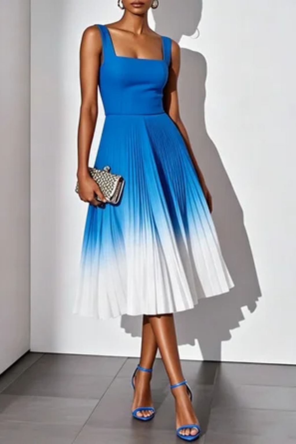 Pleated Ombre Square Neck Sleeveless A-Line Midi Dress - 6