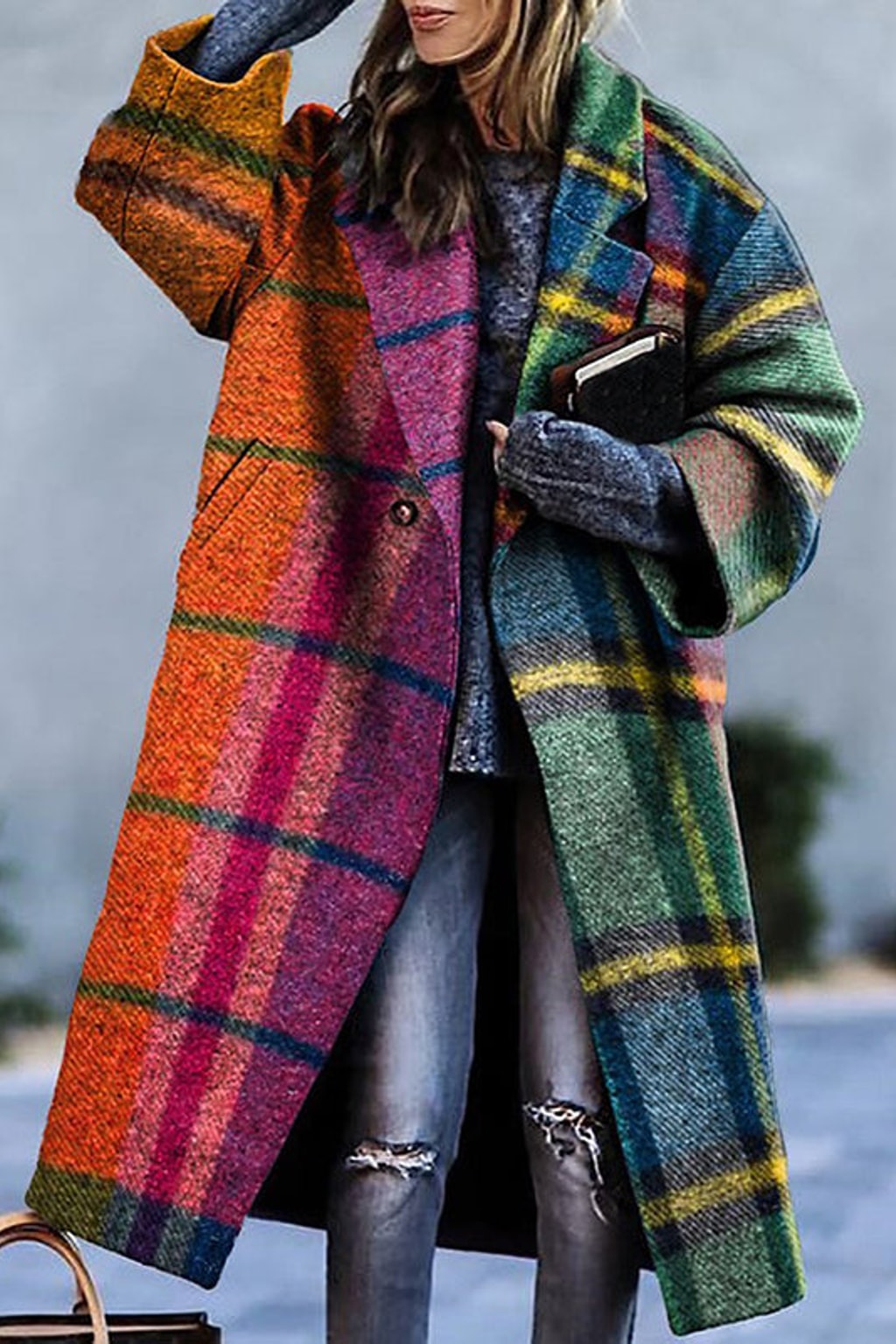 Woolen Coat With Plaid Contrast Lapel - 3