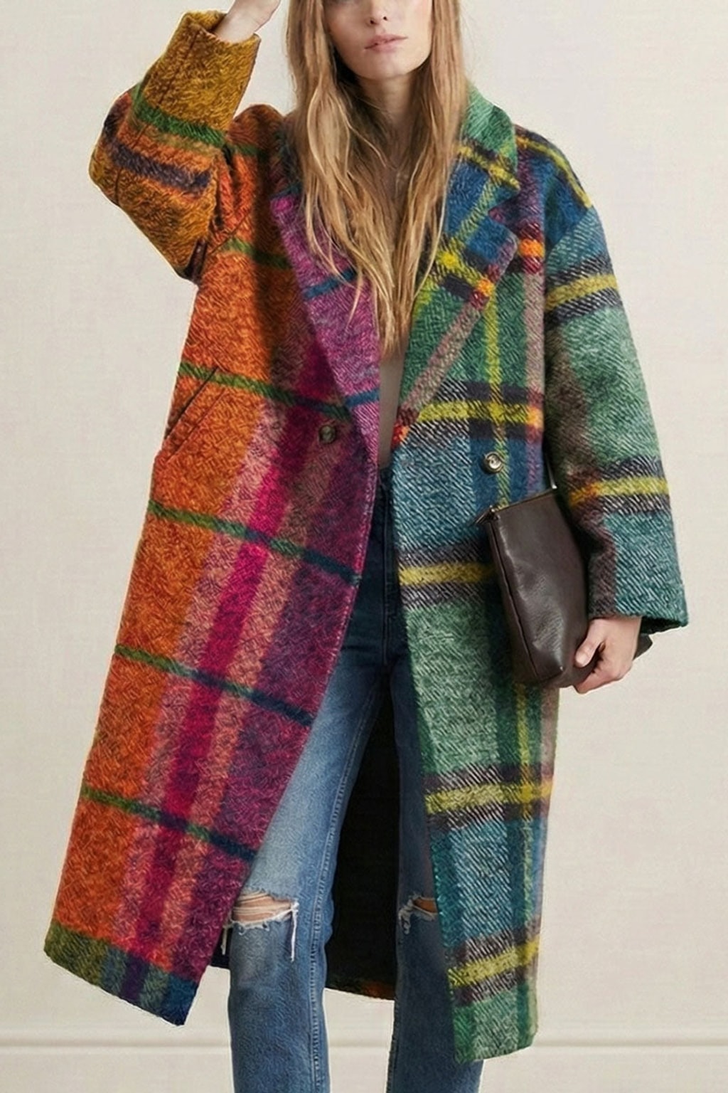 Woolen Coat With Plaid Contrast Lapel - 4