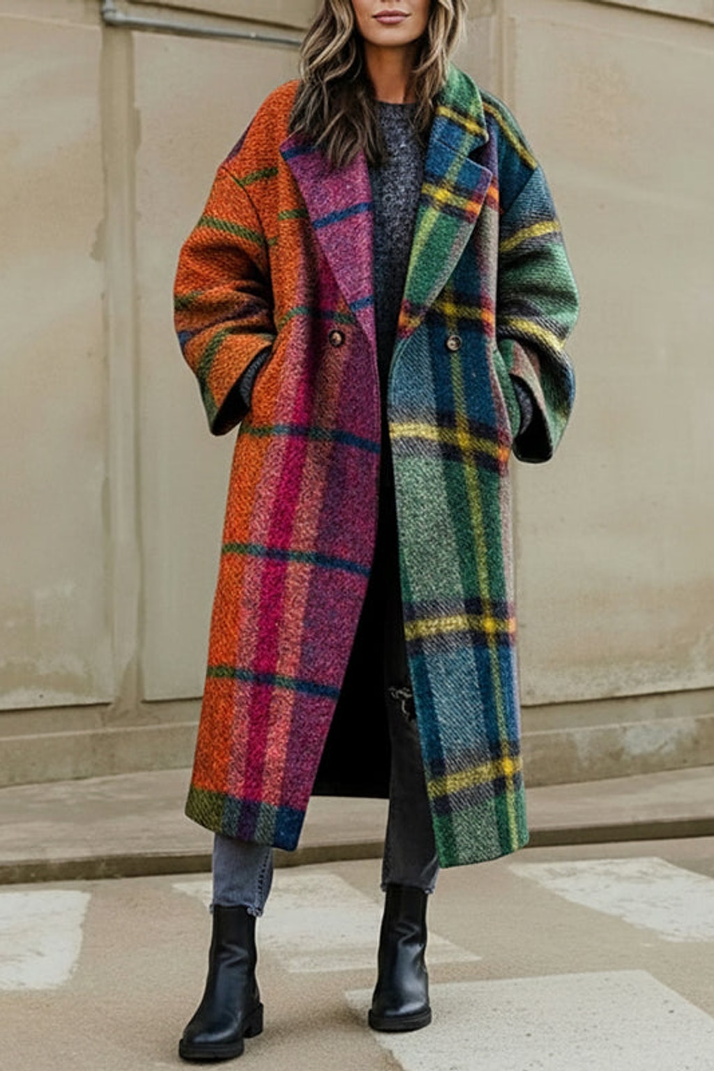 Woolen Coat With Plaid Contrast Lapel - 2