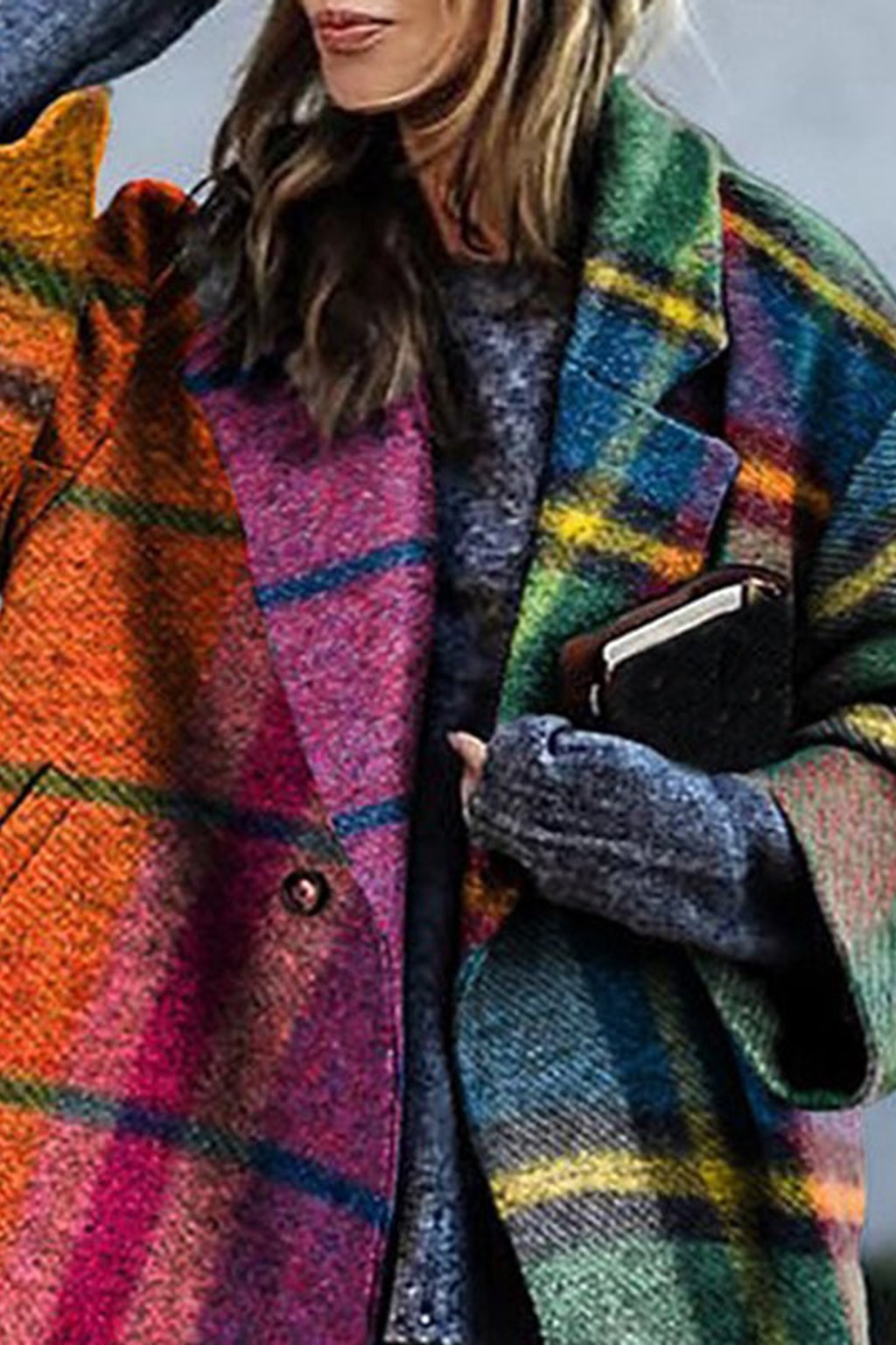 Woolen Coat With Plaid Contrast Lapel - 6