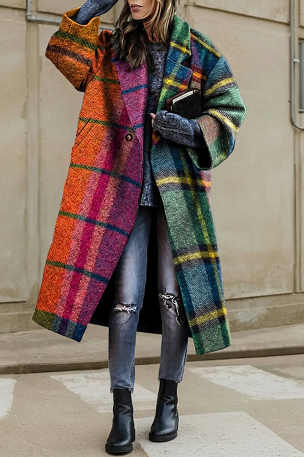 Woolen Coat With Plaid Contrast Lapel - 5