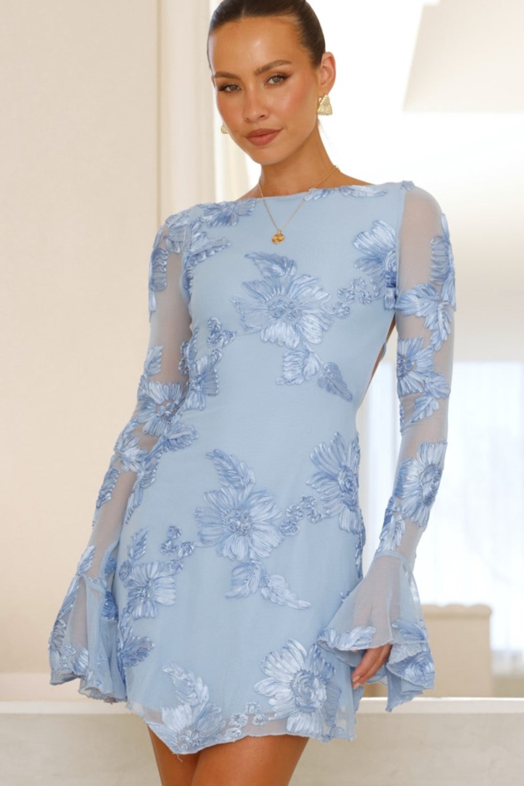 Mesh Mini Dress with Sheer Flounce Sleeves - 6