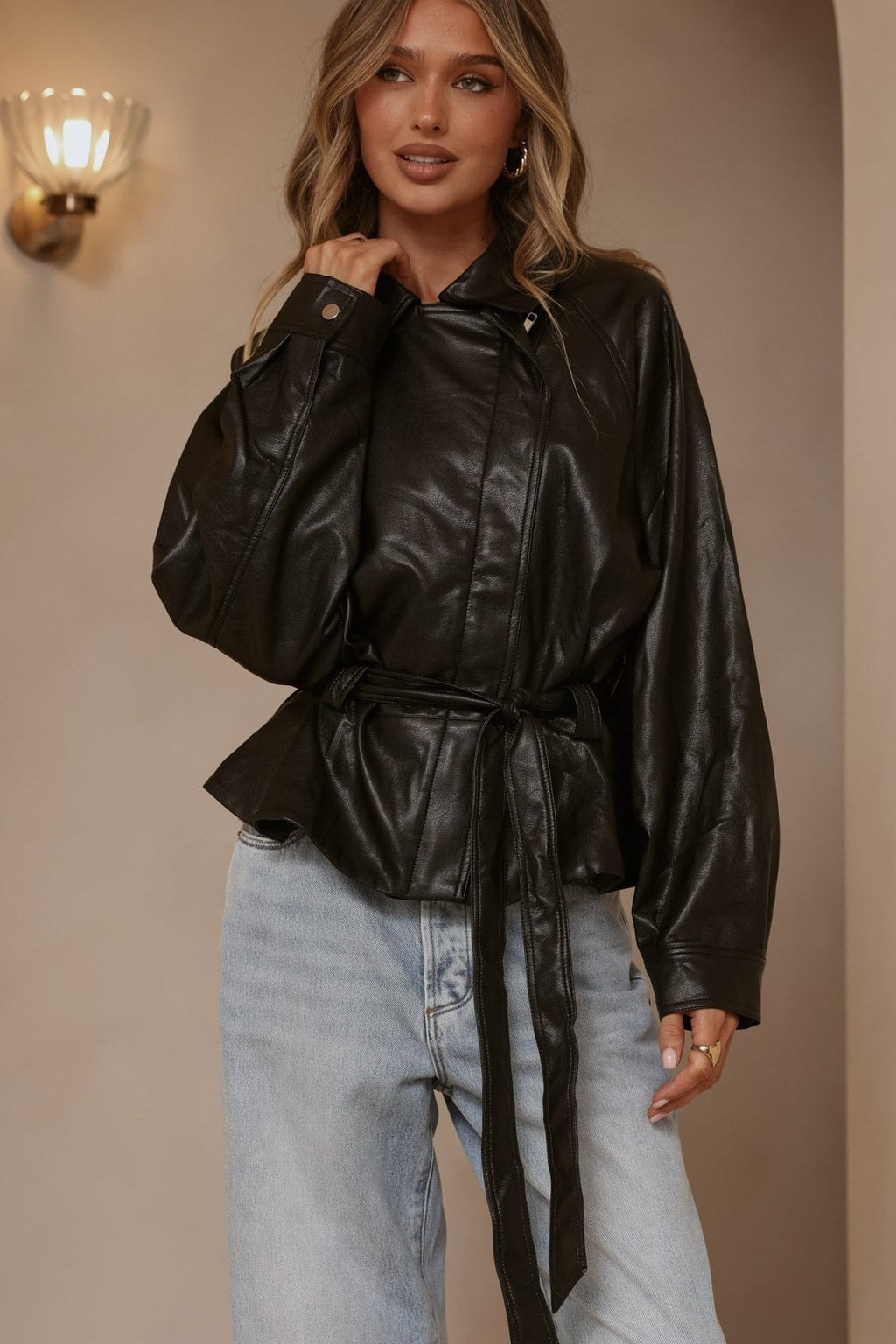 Cotton-Blend Tie Waist Jacket - Black - 2
