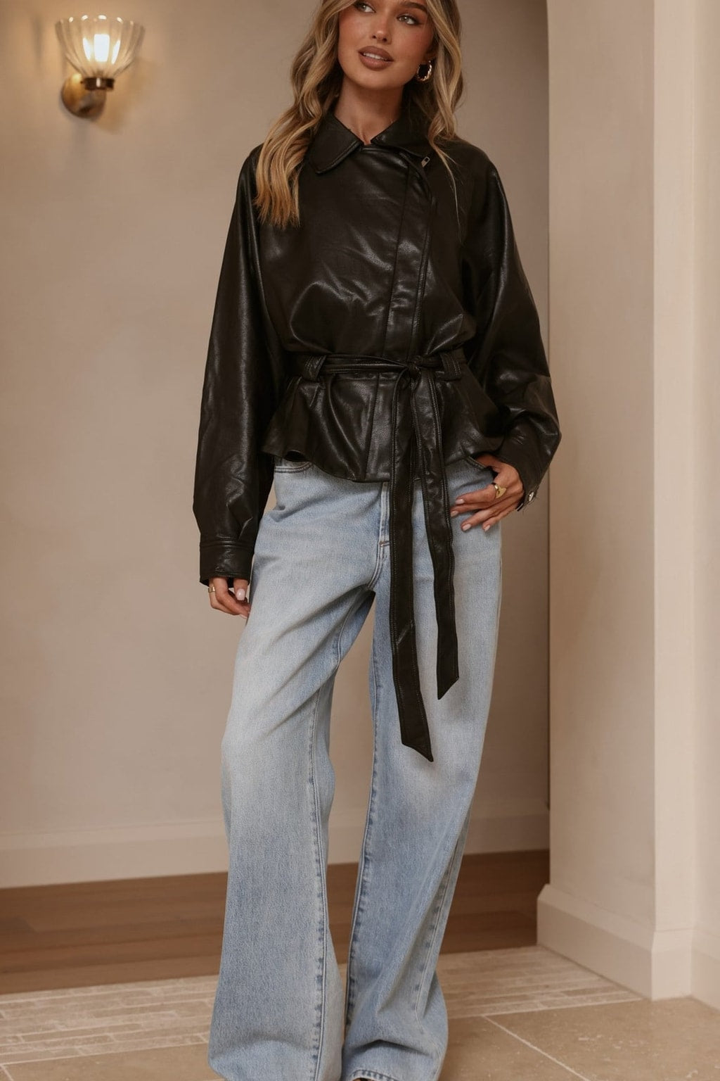 Cotton-Blend Tie Waist Jacket - Black - 3