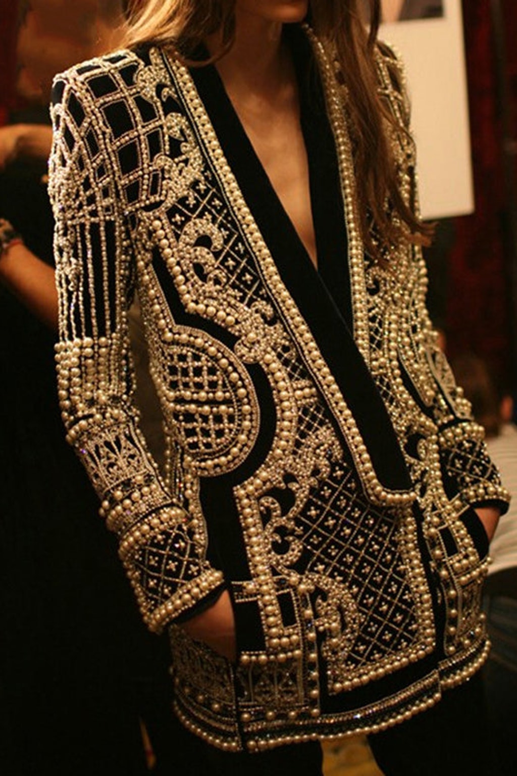 Cotton Blend Beaded V-Neck Blazer Outerwear - 2