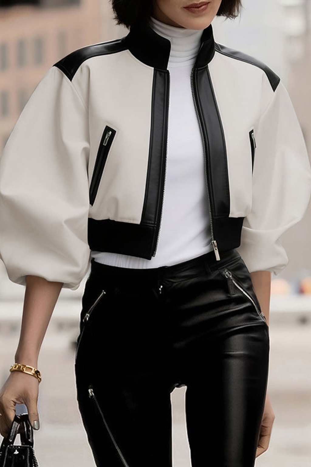 White Polyester Puff Sleeve Jacket - 3