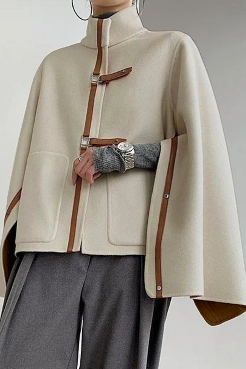 Long Sleeves Buckle High-Neck Coat - 2