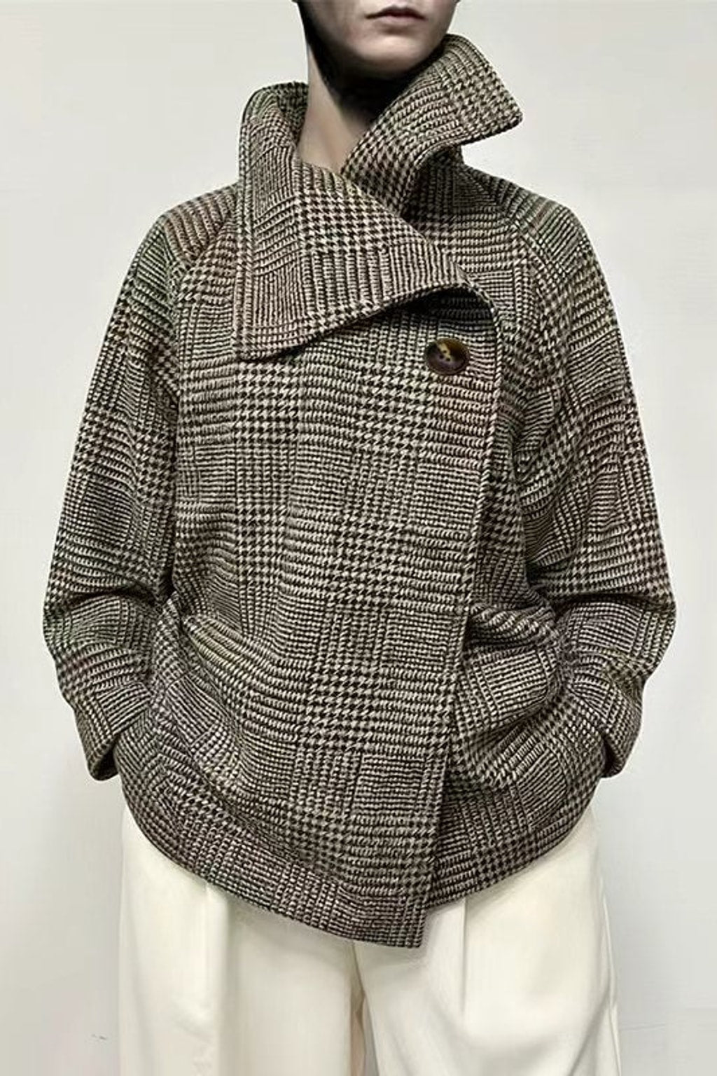 Houndstooth Plaid Asymmetric Stand-Collar Jacket - 3