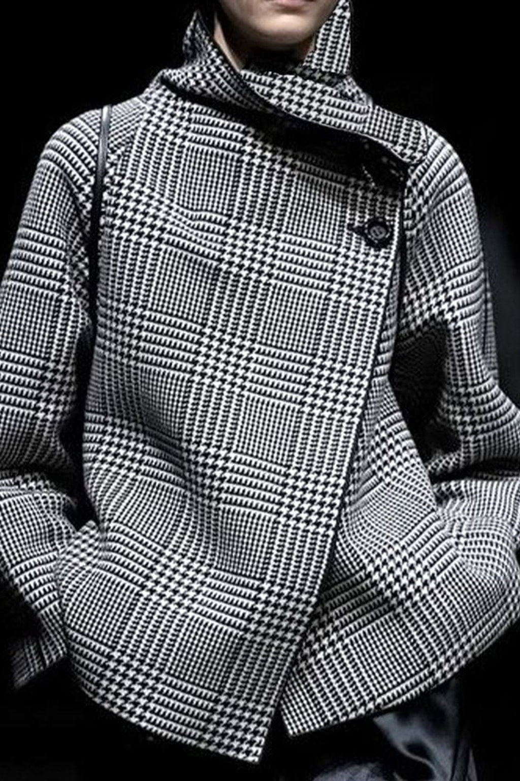 Houndstooth Plaid Asymmetric Stand-Collar Jacket - 5