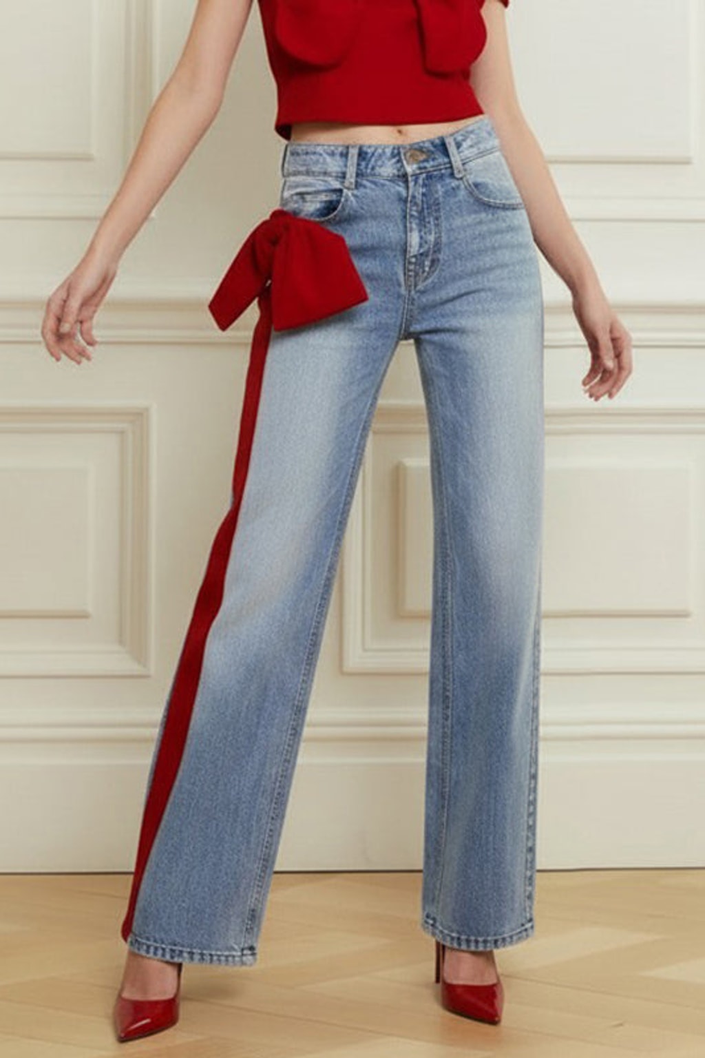 Blue Denim Wide-Leg Jeans With Bow Waist Detail - 3