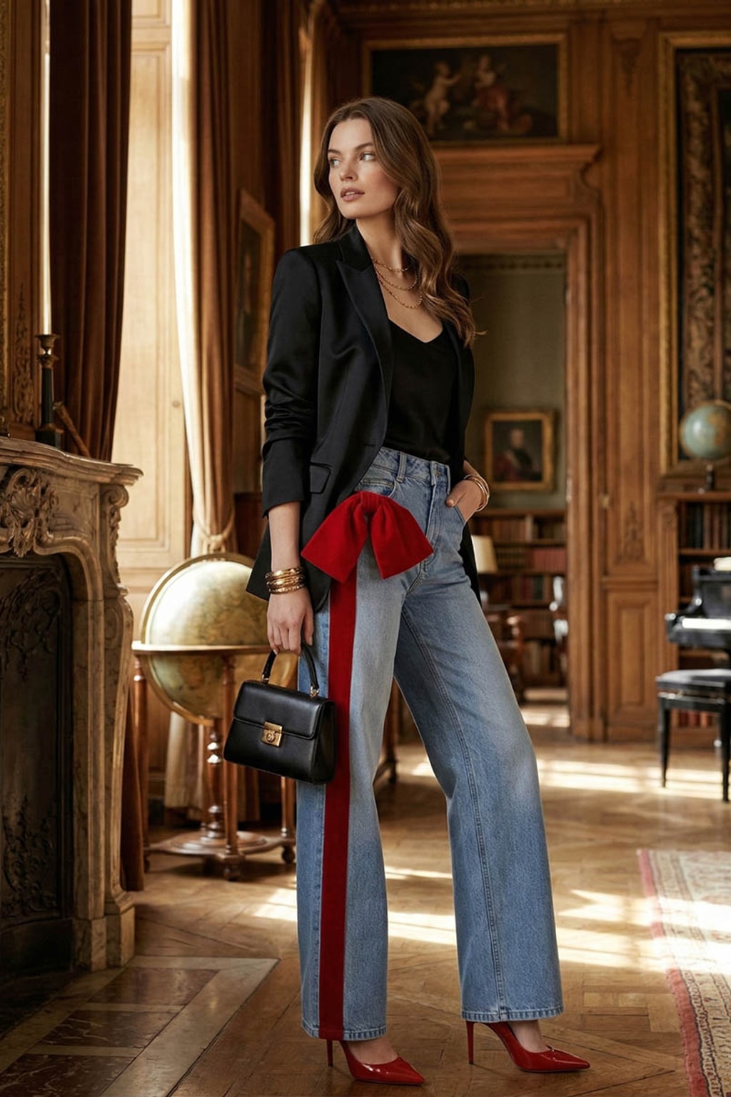 Blue Denim Wide-Leg Jeans With Bow Waist Detail - 4