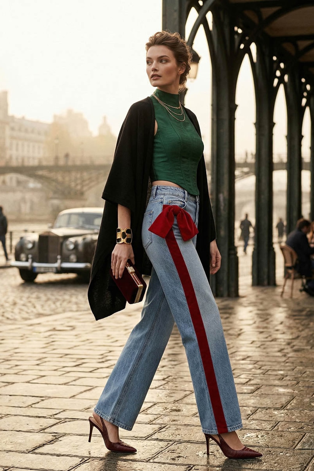 Blue Denim Wide-Leg Jeans With Bow Waist Detail - 5