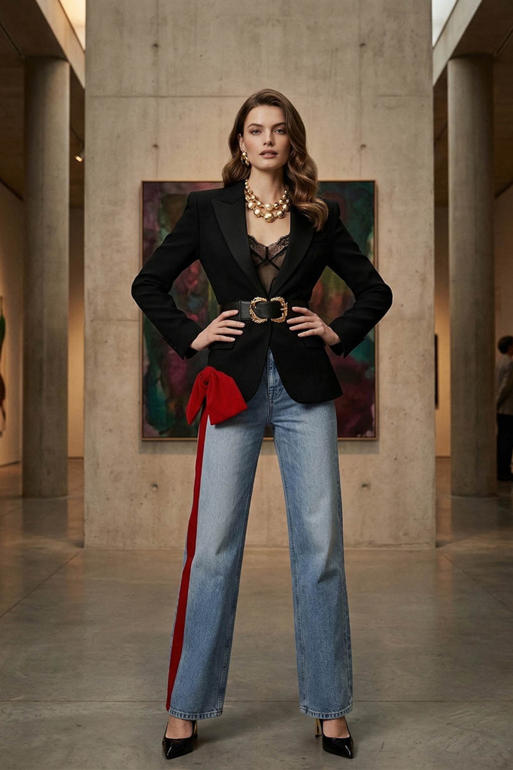 Blue Denim Wide-Leg Jeans With Bow Waist Detail - 6