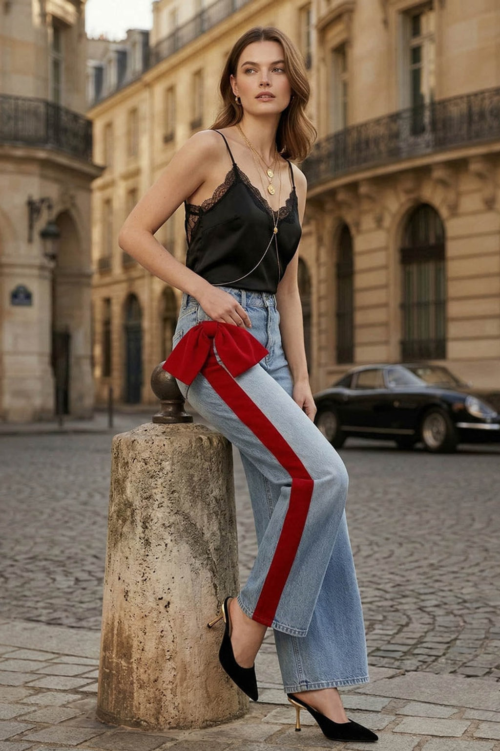 Blue Denim Wide-Leg Jeans With Bow Waist Detail - 7
