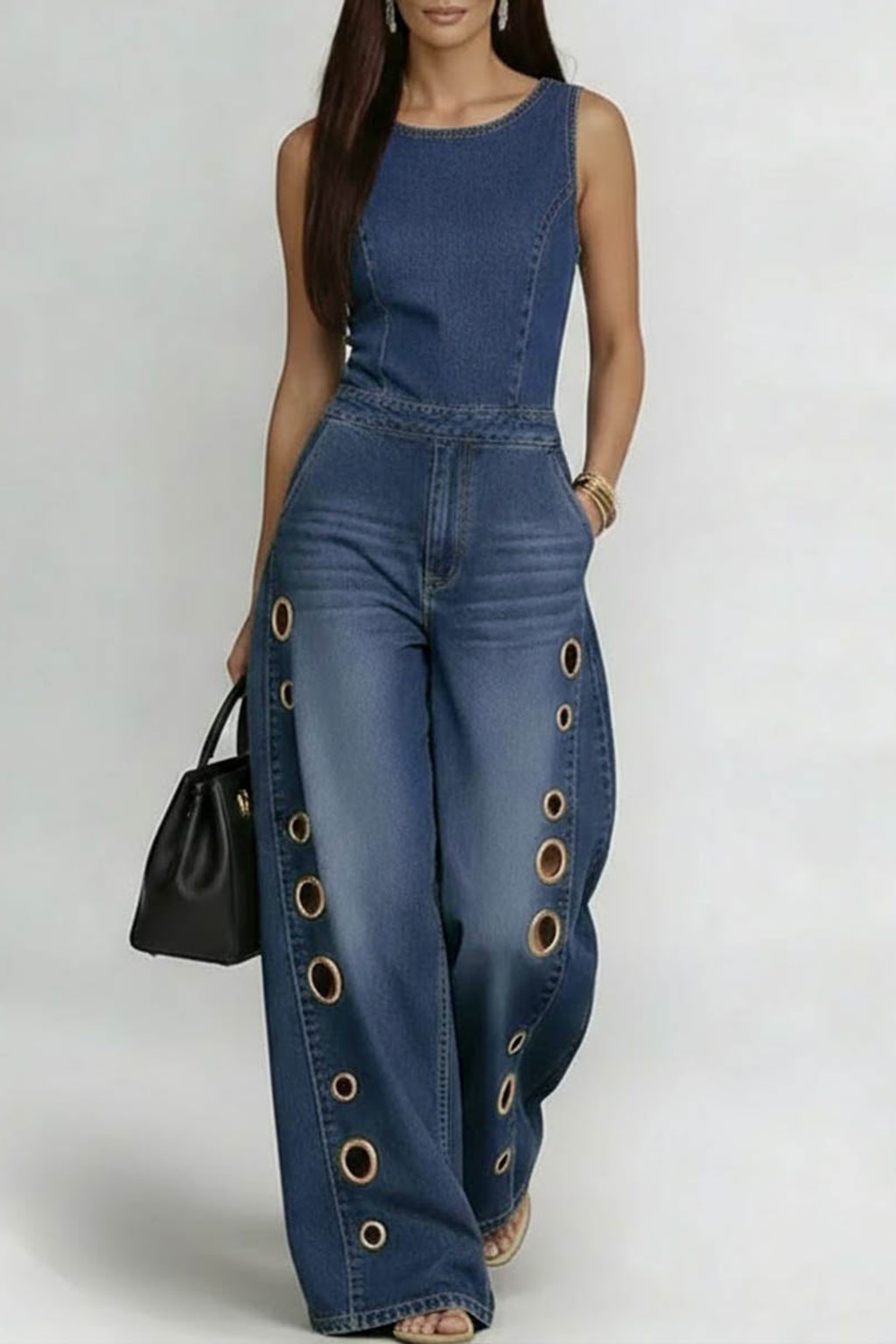 Cotton Denim Wide Leg Jumpsuit With Cutout Waist - 2