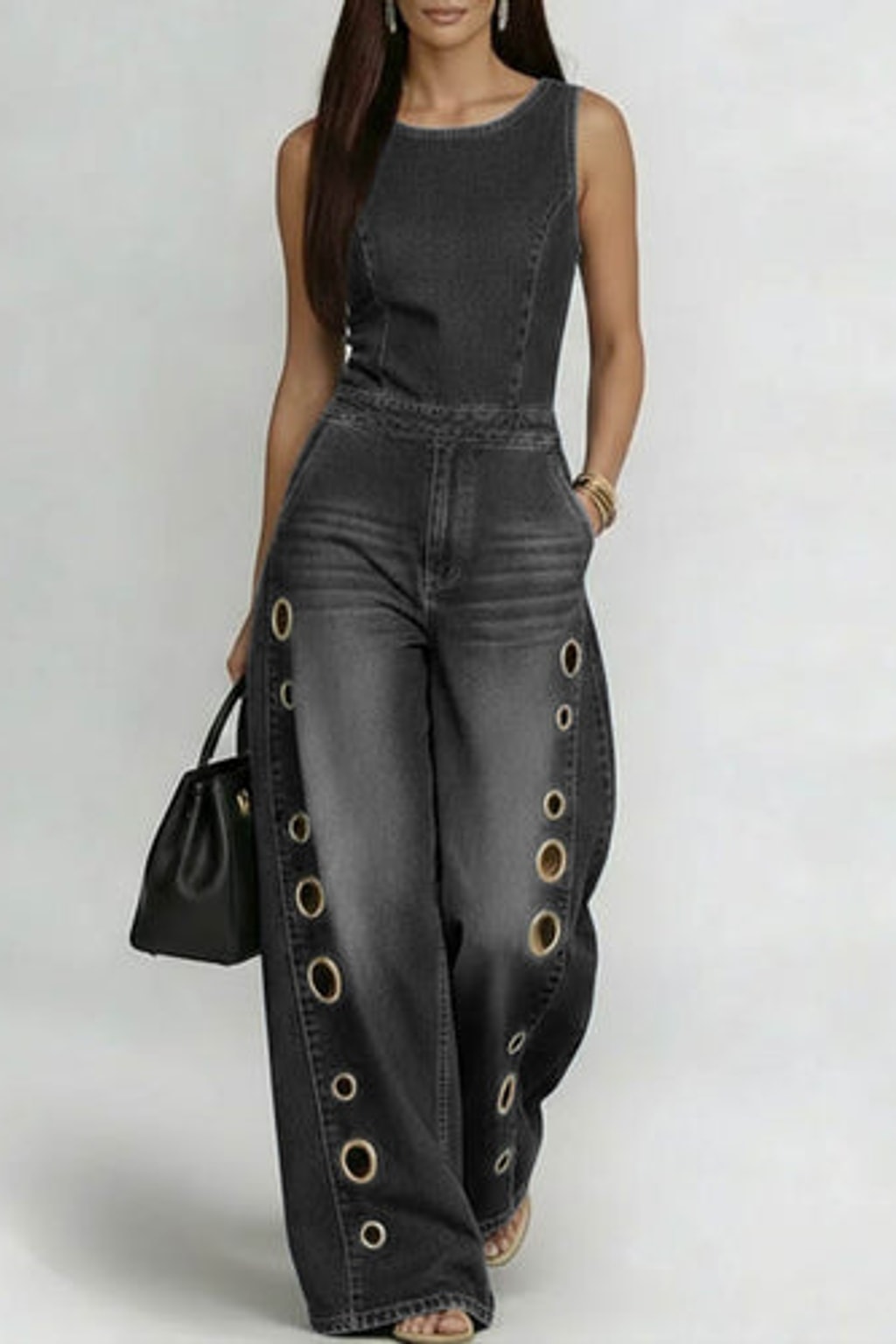 Cotton Denim Wide Leg Jumpsuit With Cutout Waist - 3