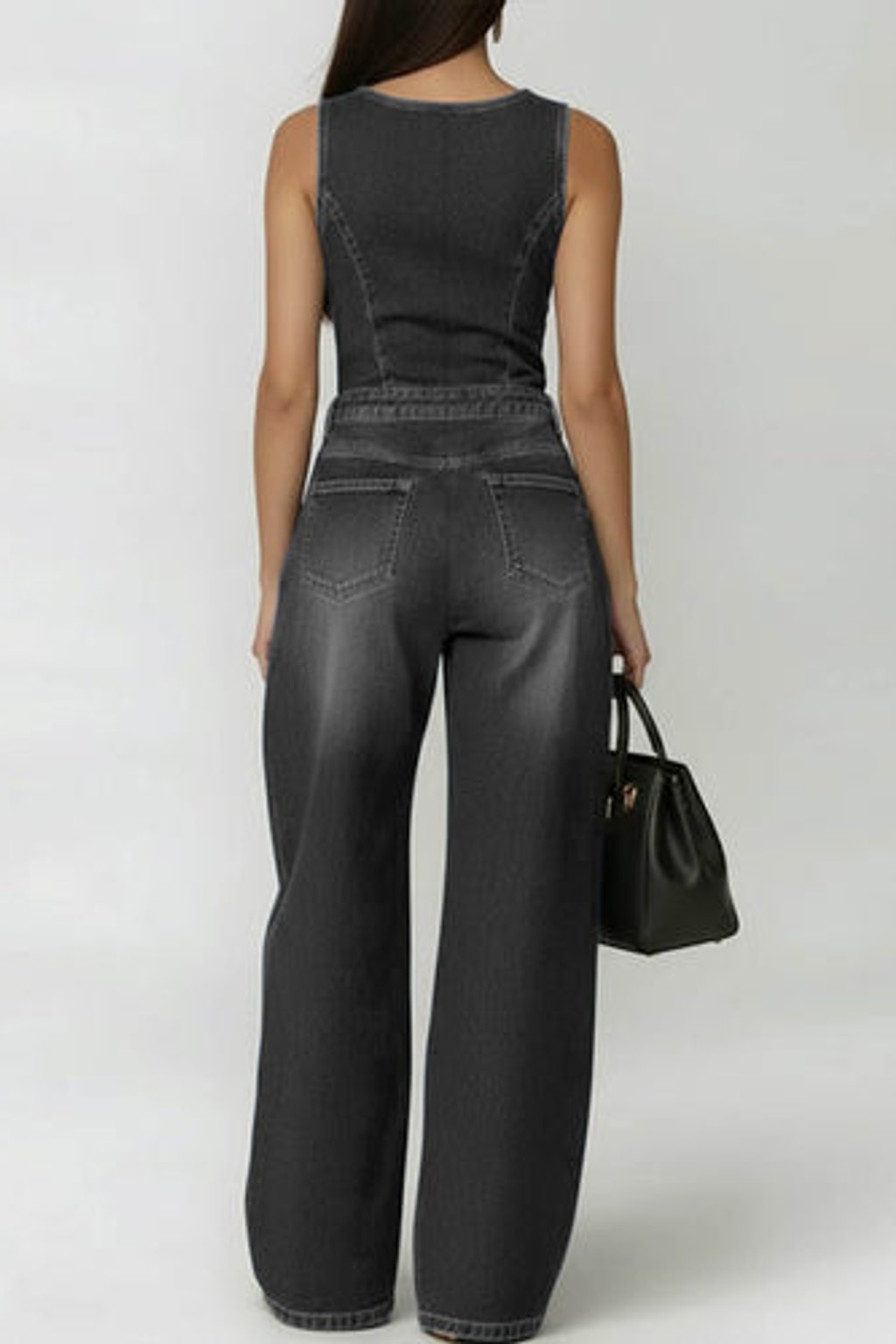 Cotton Denim Wide Leg Jumpsuit With Cutout Waist - 4