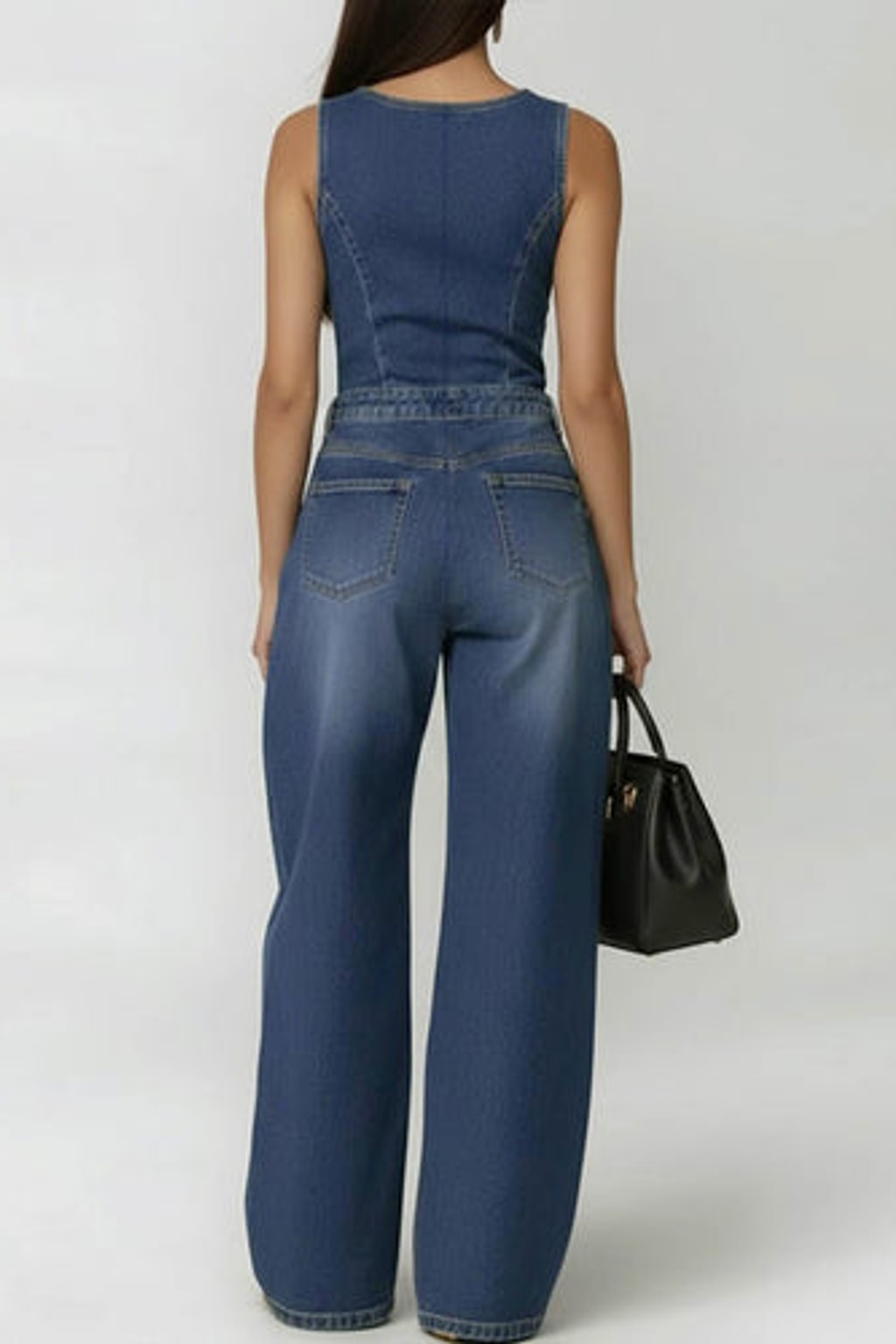 Cotton Denim Wide Leg Jumpsuit With Cutout Waist - 5