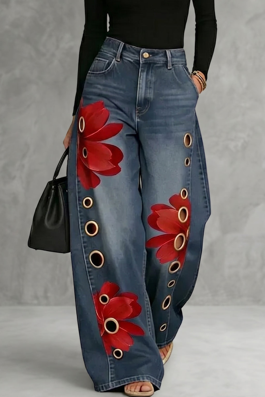 Denim Wide Leg Trousers With High Waisted Fit - 2