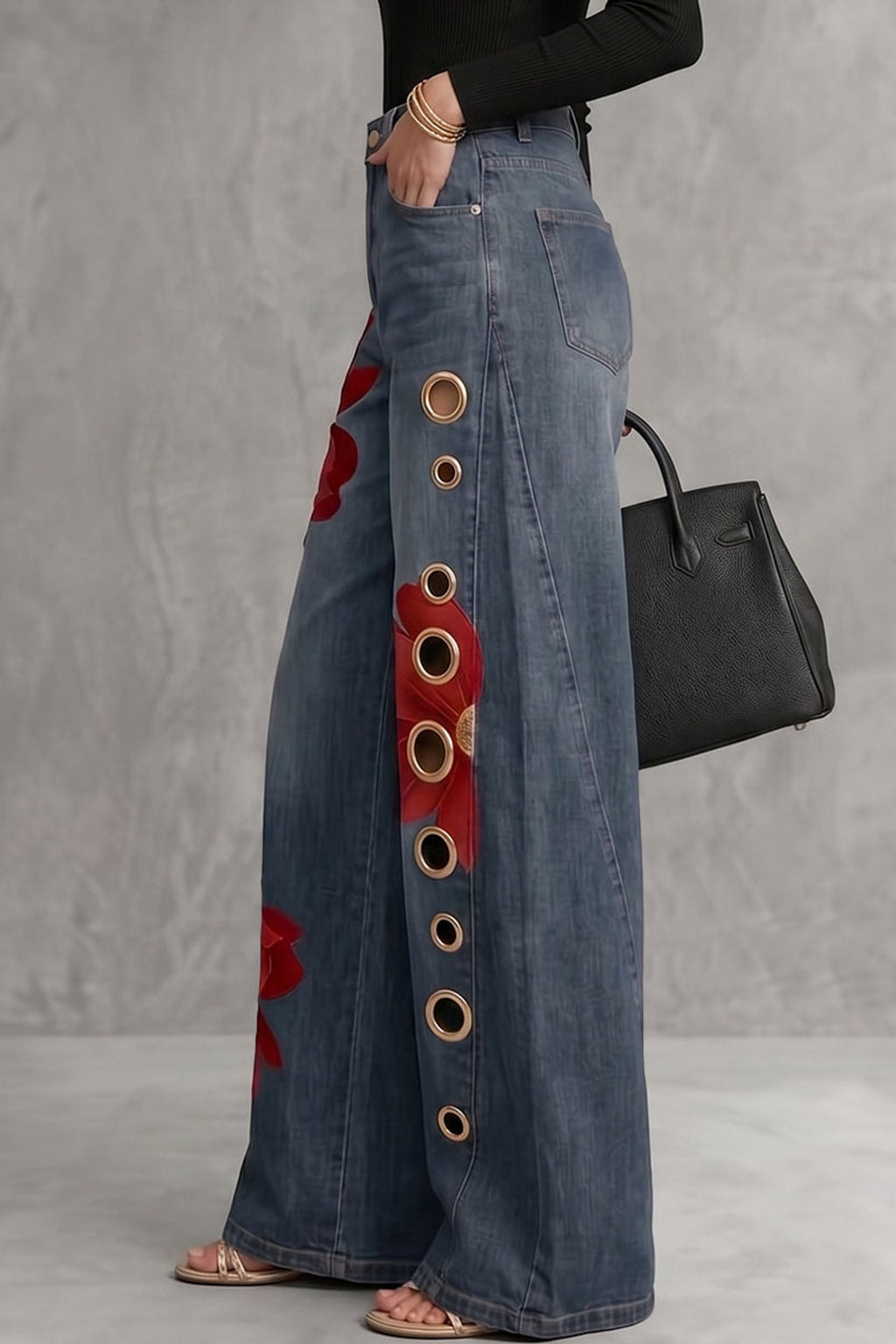 Denim Wide Leg Trousers With High Waisted Fit - 3