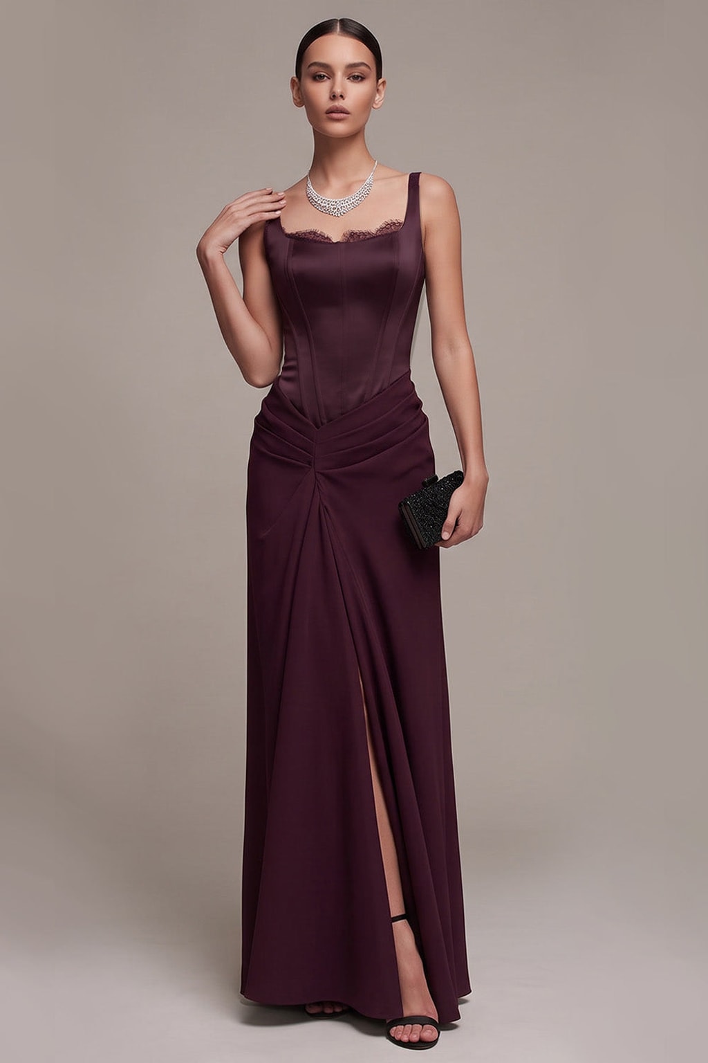 Polyester Corset Sheath Formal Dress In Burgundy - 4